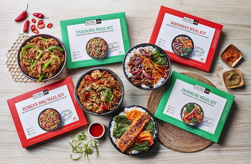 Sosu måltidskasser med asiatiske retter som Yakisoba og Bibimbap.